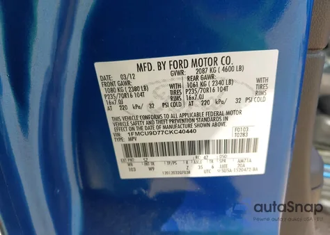 2012 Ford Escape Xlt из США, поврежденный, VIN 1FMCU9D77CKC40440